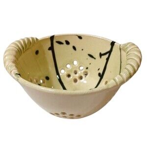 Beautiful 5.5" Ceramic Berry Colander with Artistic Design, Signed on Bottom